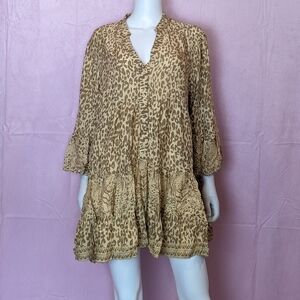 QED London Tan Neutral Animal Print V Neck 3/4 Sleeve Tiered Mini Dress Large